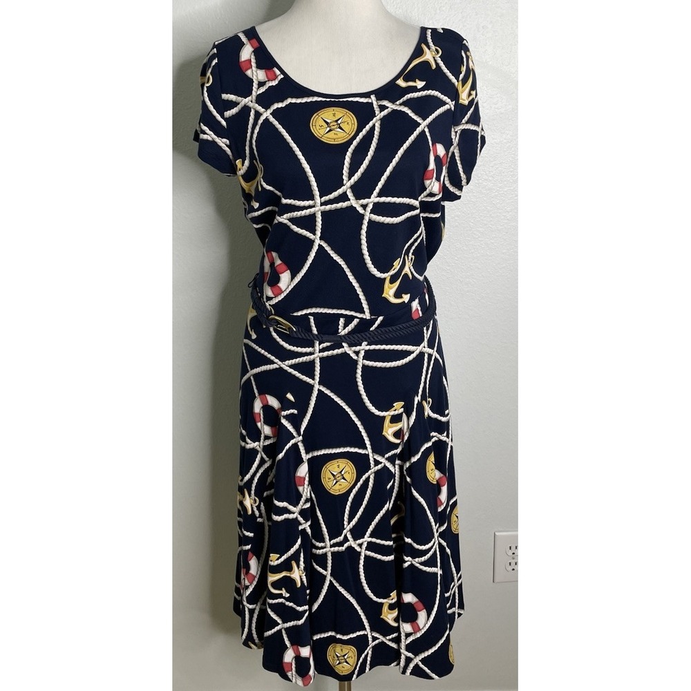 Lauren Ralph Lauren Nautical Anchor  Print Dress Blue Cotton Rope Belt XL